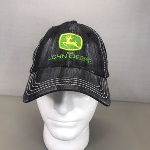John Deere Black Gray Vintage Wash Green Logo Hook Loop Adjustable Back Cap Hat